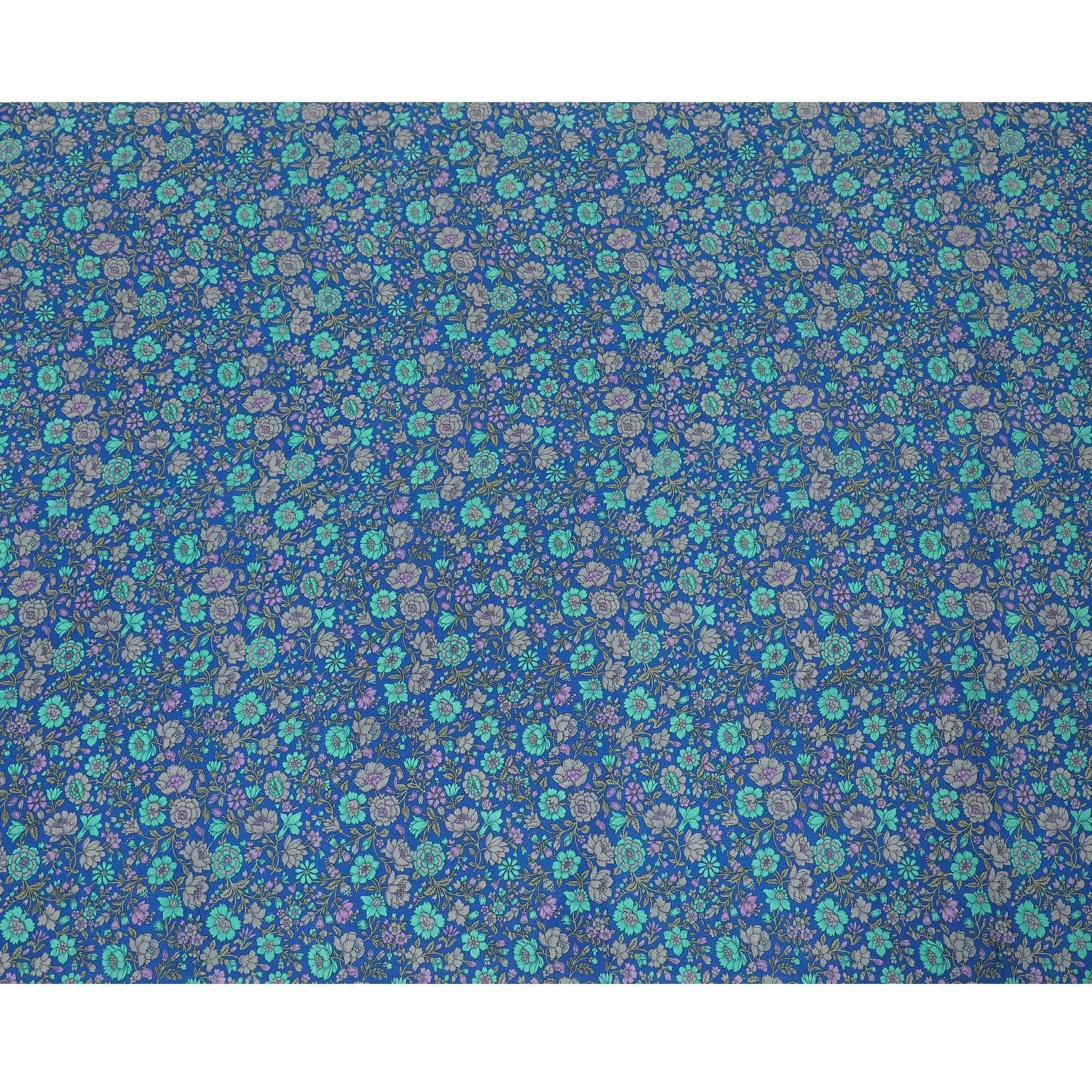 Royal blue silk crepe fabric with turquoise green, grey and lilac print in floral design-D8456